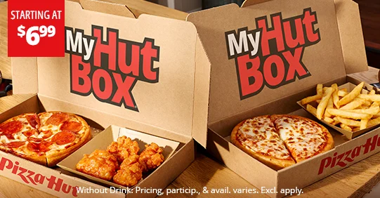 My Hut Box. Starting at $6.99. Your choice of entrée & side. Pricing, participation, and availability vary. Exclusions apply. Click to order now.